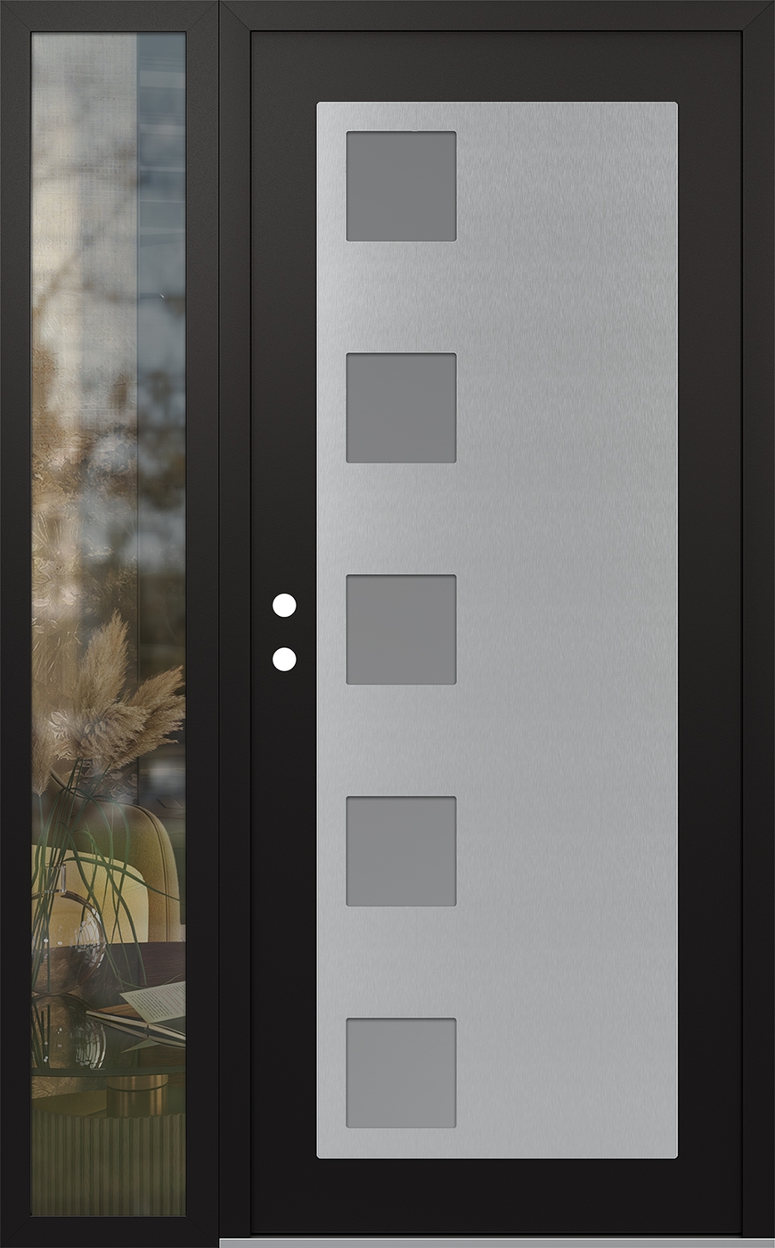 Modern Steel Front Door Diamond C5 50" x 80" black/white frosted Glass Panel stainless steel RHI with Sidelite clear Glass