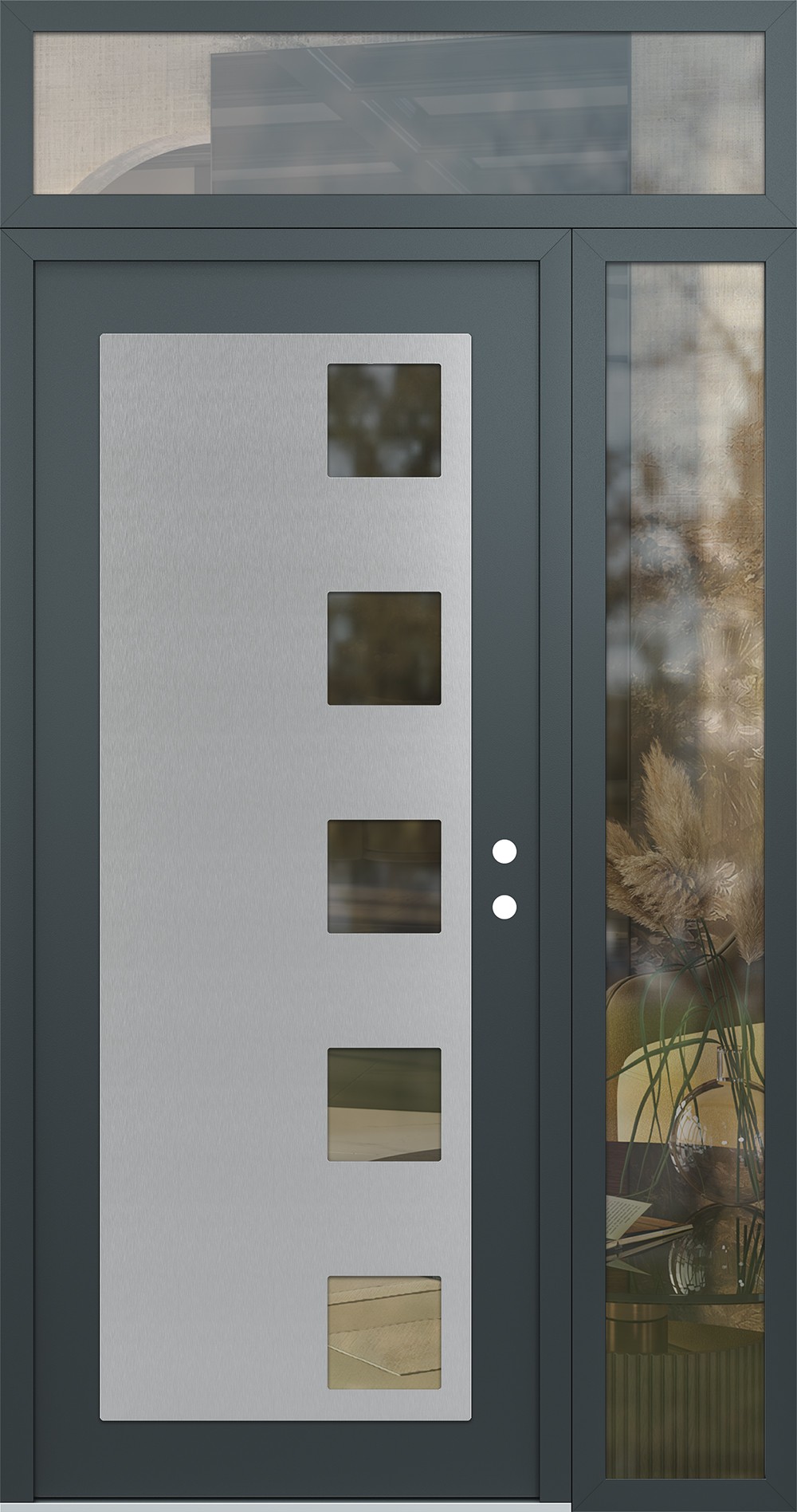 Modern Steel Front Door Diamond C5 50" x 96" anthracite/anthracite clear Glass Panel stainless steel LHI with Sidelite and Transom clear Glass