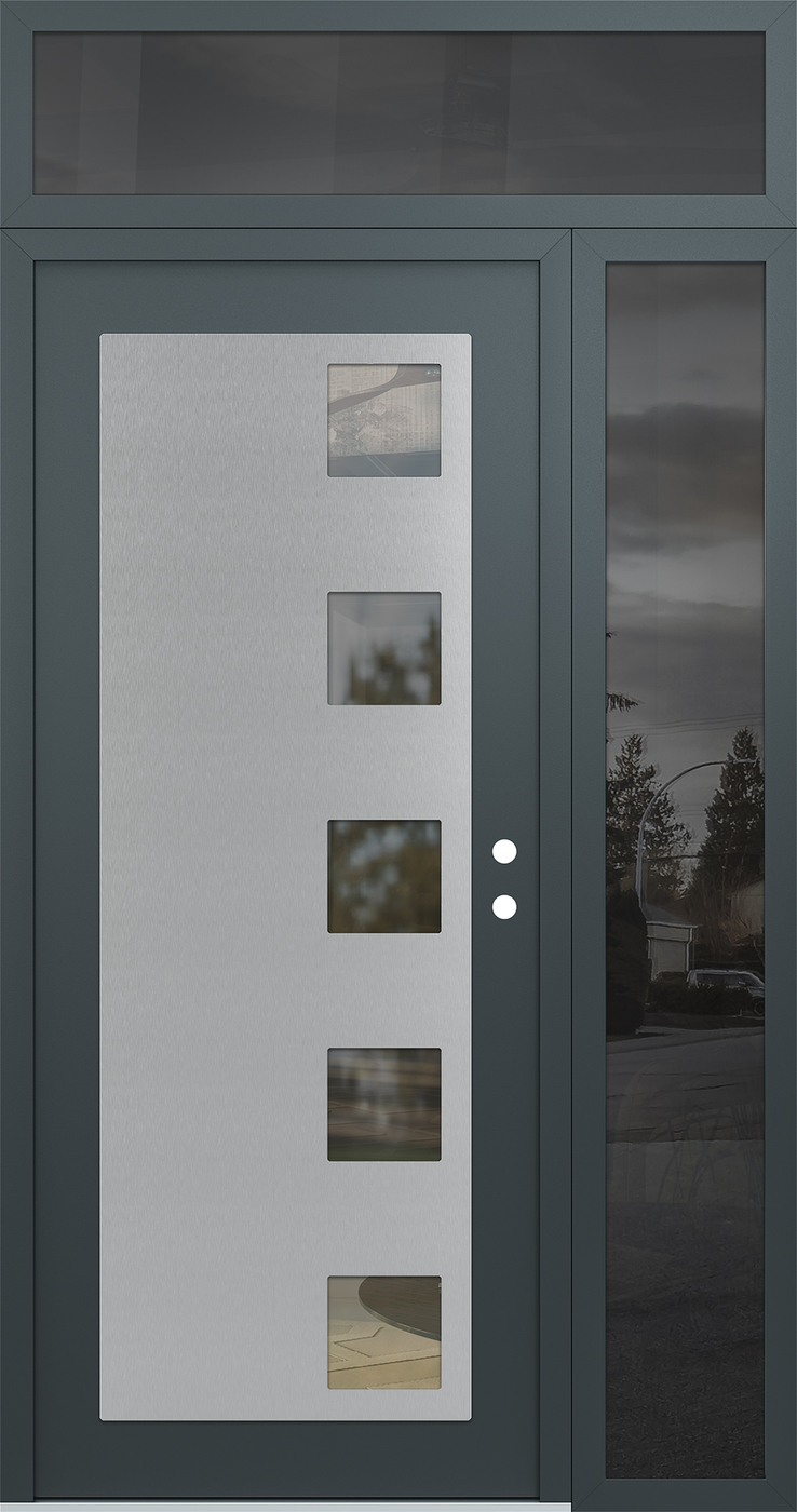 Modern Steel Front Door Diamond C5 50" x 96" anthracite/anthracite clear Glass Panel stainless steel LHI with Sidelite and Transom mirrored Glass