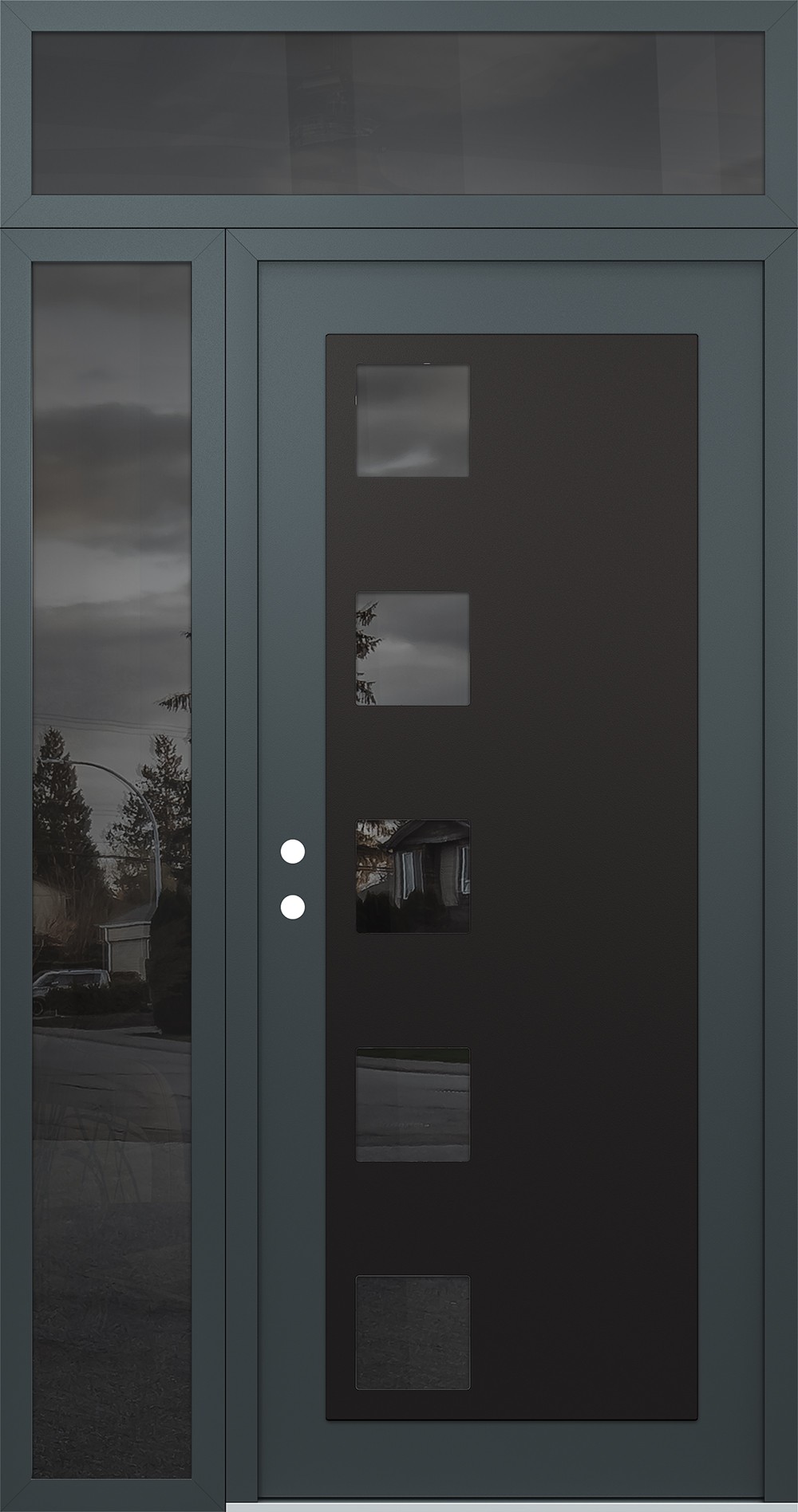Modern Steel Front Door Diamond C5 50" x 96" anthracite/anthracite mirrored Glass Panel black RHI with Sidelite and Transom mirrored Glass