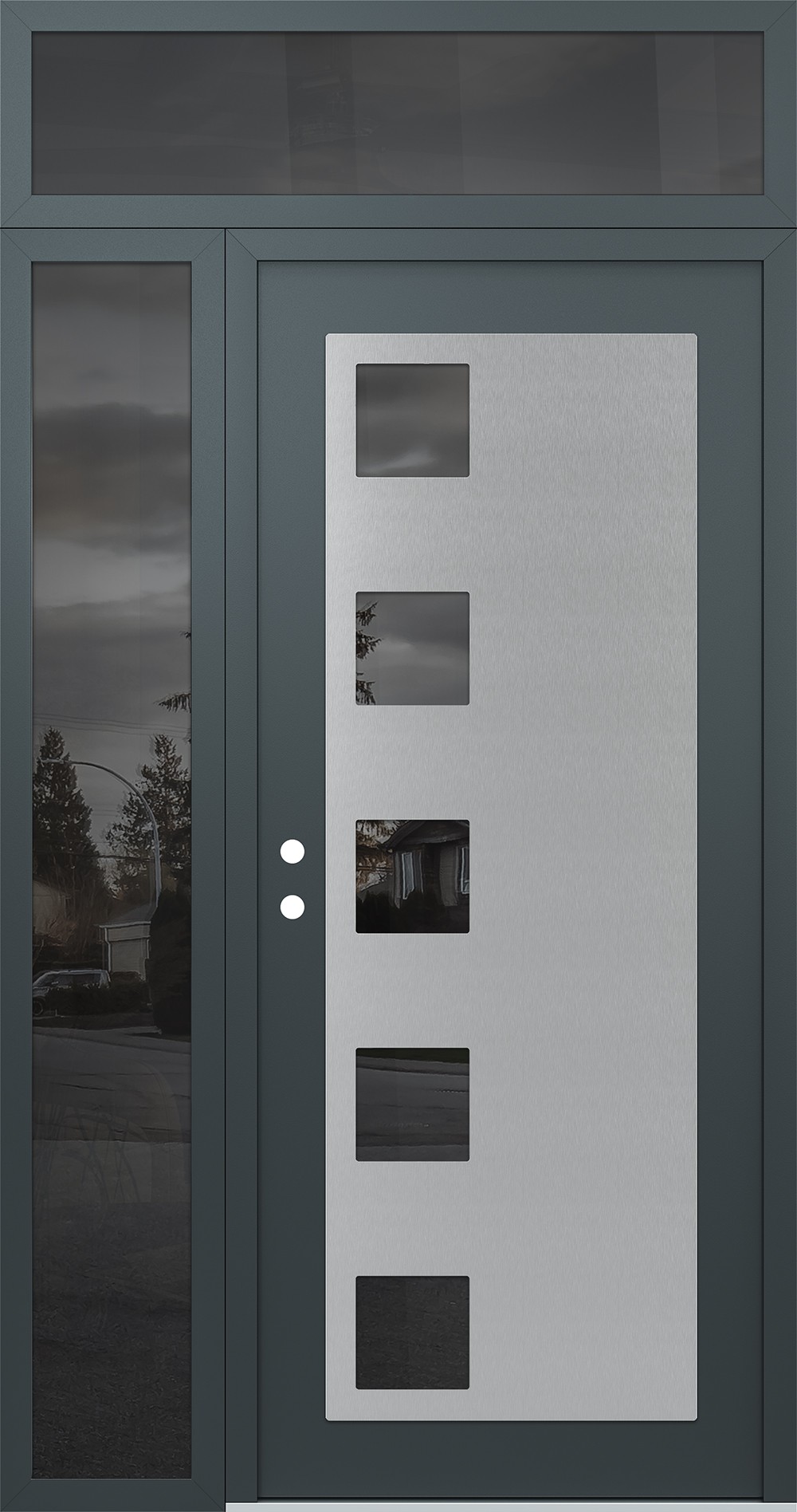 Modern Steel Front Door Diamond C5 50" x 96" anthracite/anthracite mirrored Glass Panel stainless steel RHI with Sidelite and Transom mirrored Glass