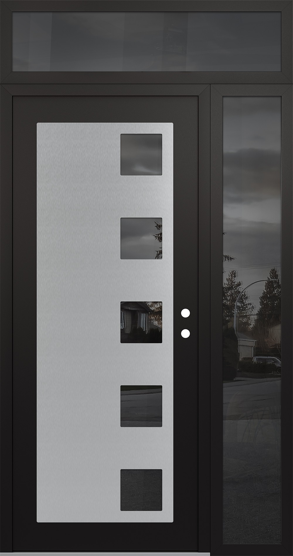 Modern Steel Front Door Diamond C5 50" x 96" black/black mirrored Glass Panel stainless steel LHI with Sidelite and Transom mirrored Glass