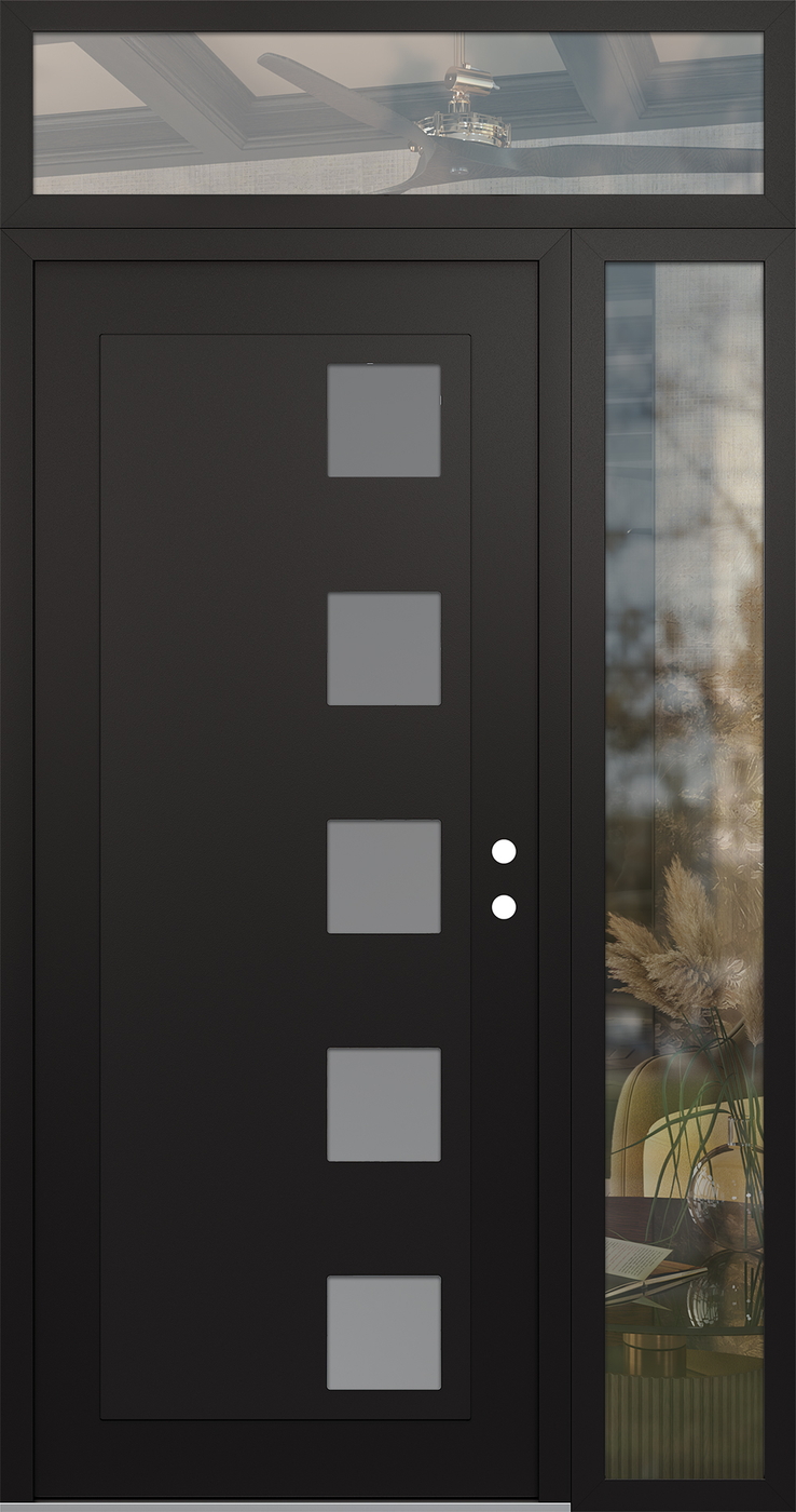 Modern Steel Front Door Diamond C5 50" x 96" black/white frosted Glass Panel black LHI with Sidelite and Transom clear Glass