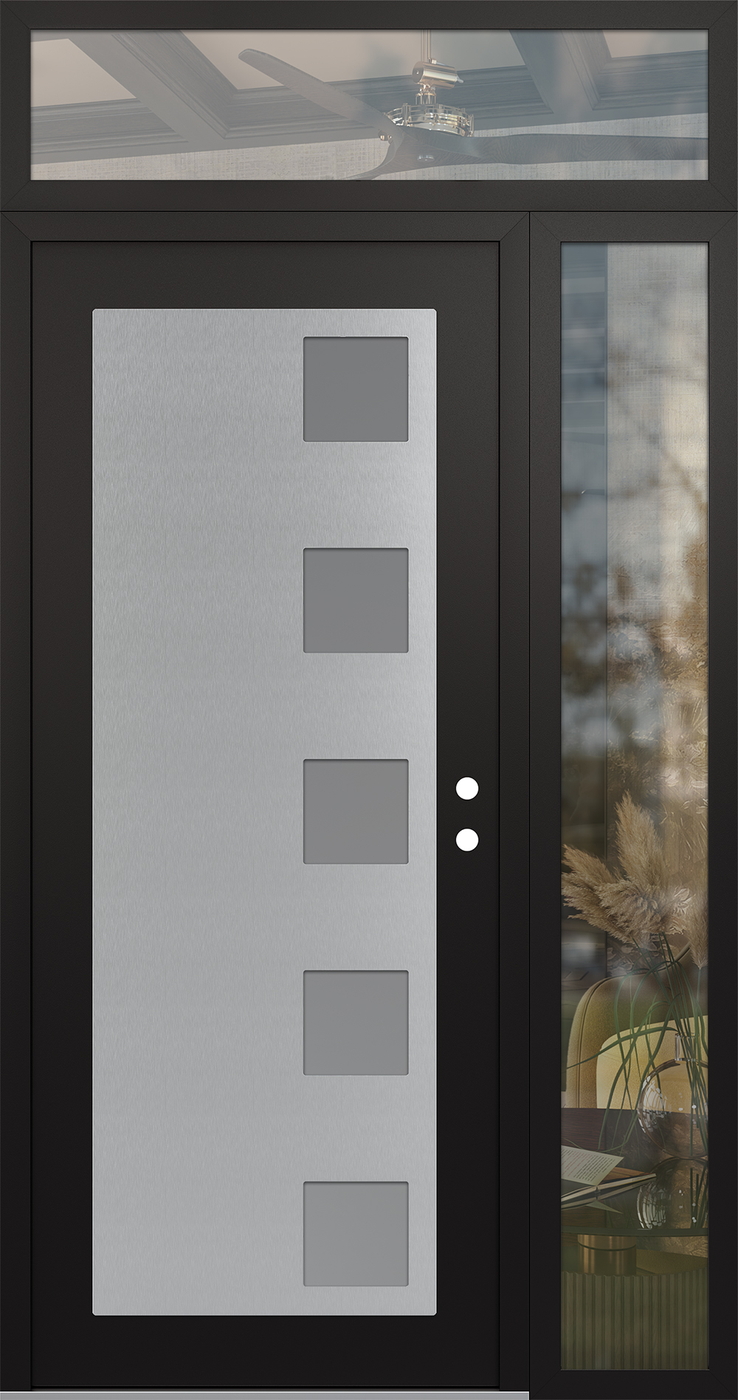 Modern Steel Front Door Diamond C5 50" x 96" black/white frosted Glass Panel stainless steel LHI with Sidelite and Transom clear Glass