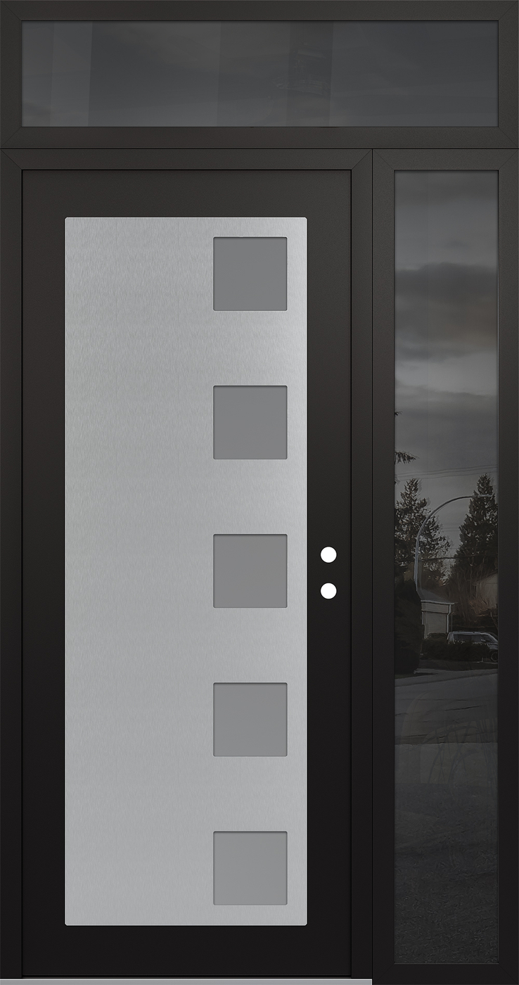 Modern Steel Front Door Diamond C5 50" x 96" black/white frosted Glass Panel stainless steel LHI with Sidelite and Transom mirrored Glass