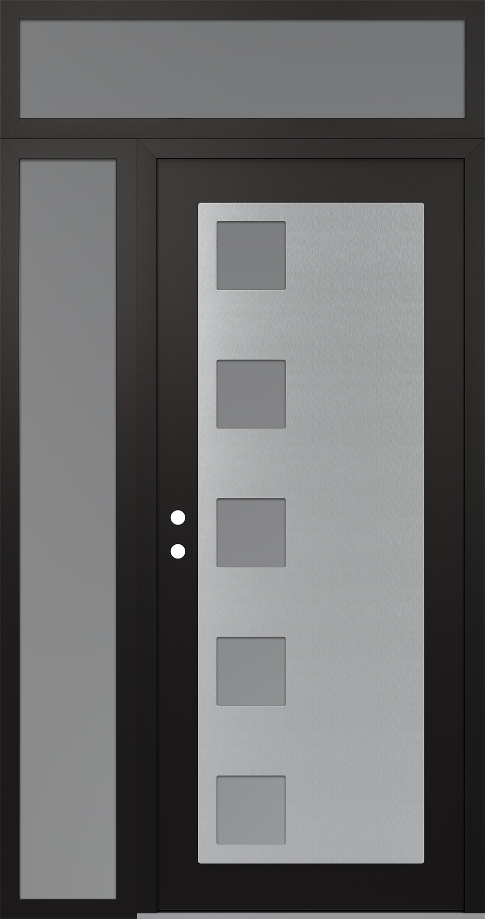 Modern Steel Front Door Diamond C5 50" x 96" black/white frosted Glass Panel stainless steel RHI with Sidelite and Transom frosted Glass
