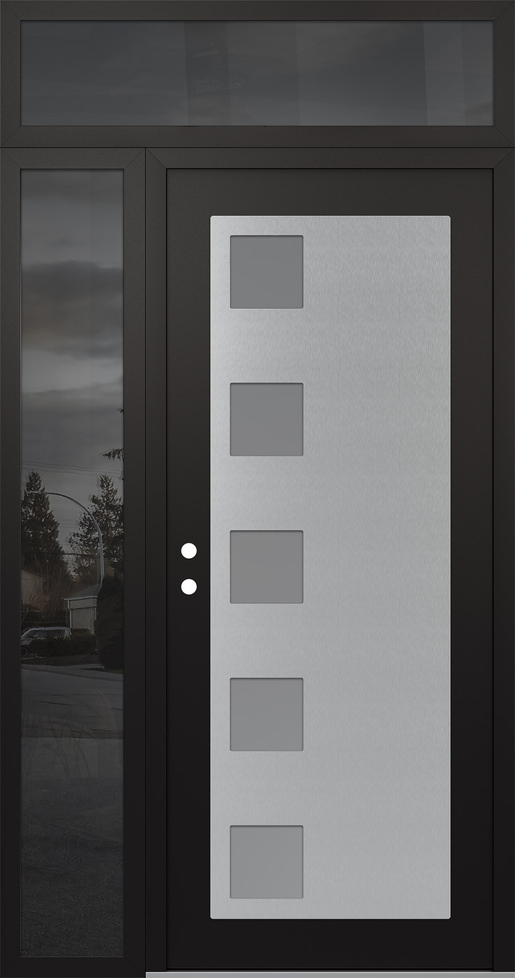 Modern Steel Front Door Diamond C5 50" x 96" black/white frosted Glass Panel stainless steel RHI with Sidelite and Transom mirrored Glass