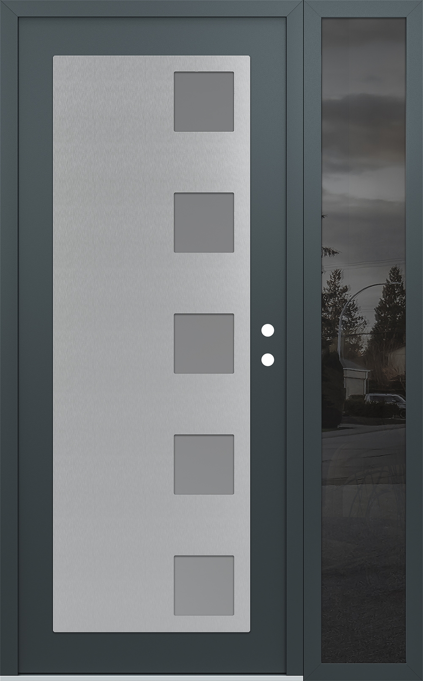 Modern Steel Front Door Diamond C5 52" x 80" anthracite/anthracite frosted Glass Panel stainless steel LHI with Sidelite mirrored Glass