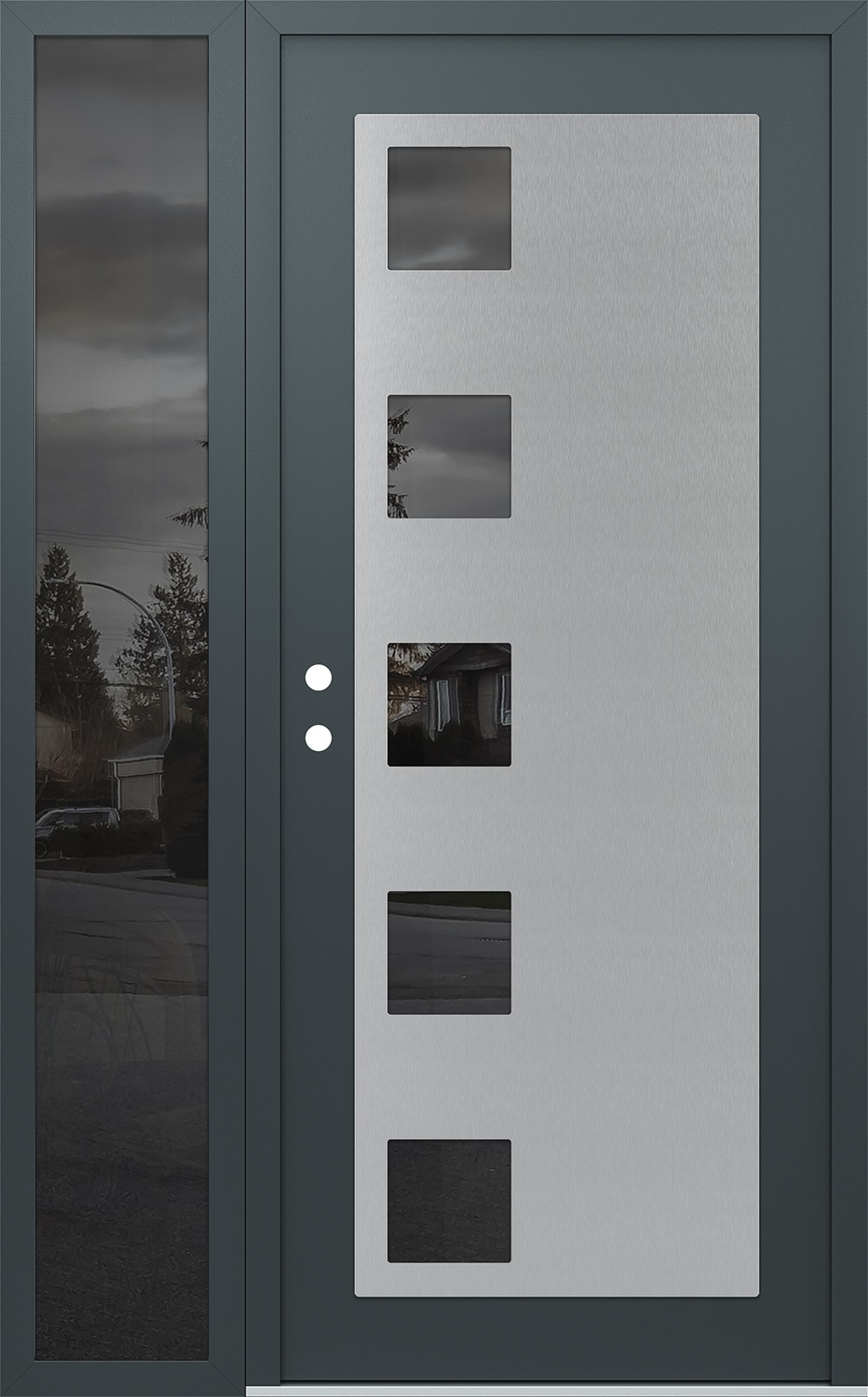 Modern Steel Front Door Diamond C5 52" x 80" anthracite/anthracite mirrored Glass Panel stainless steel RHI with Sidelite mirrored Glass
