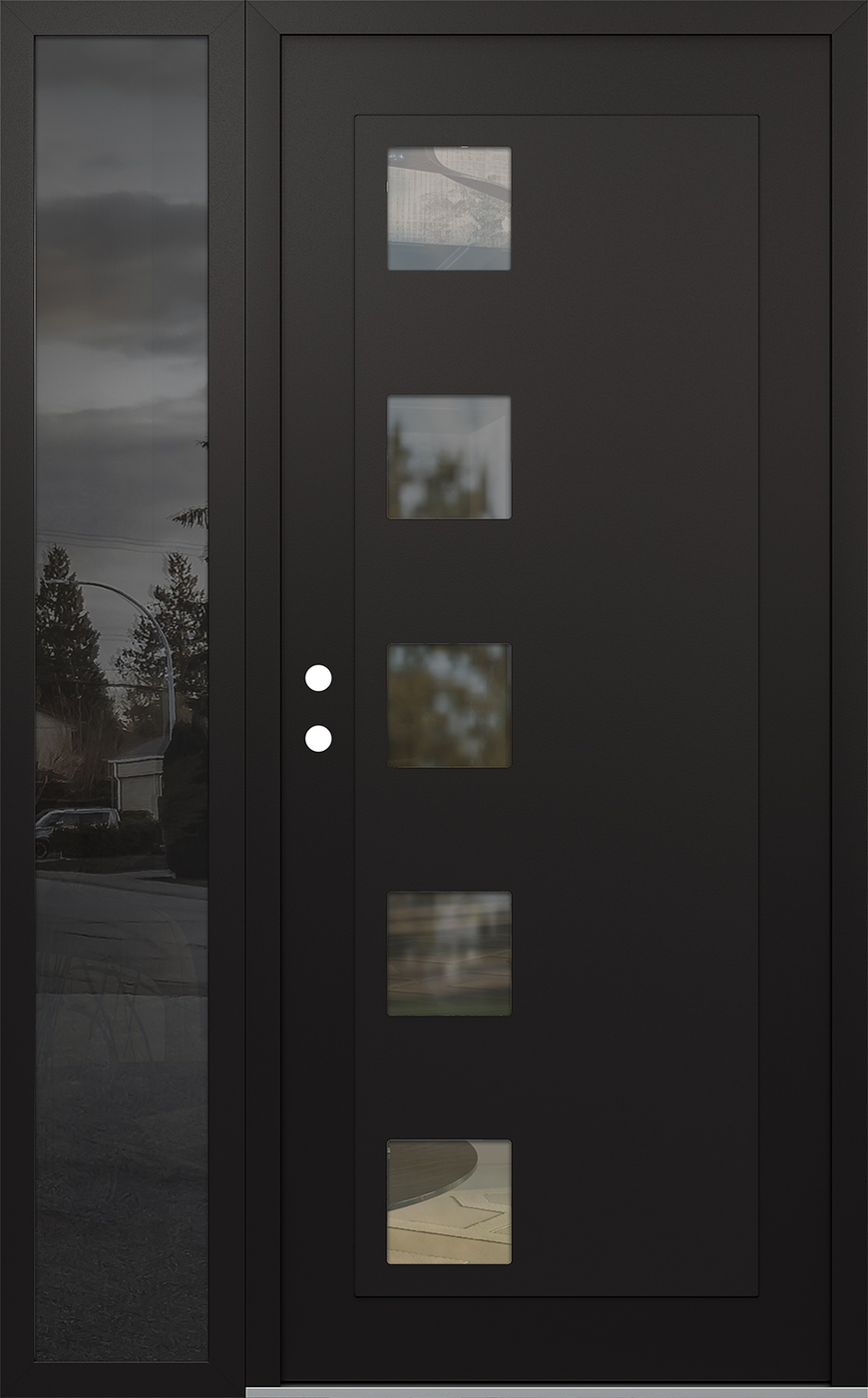 Modern Steel Front Door Diamond C5 52" x 80" black/black clear Glass Panel black RHI with Sidelite mirrored Glass