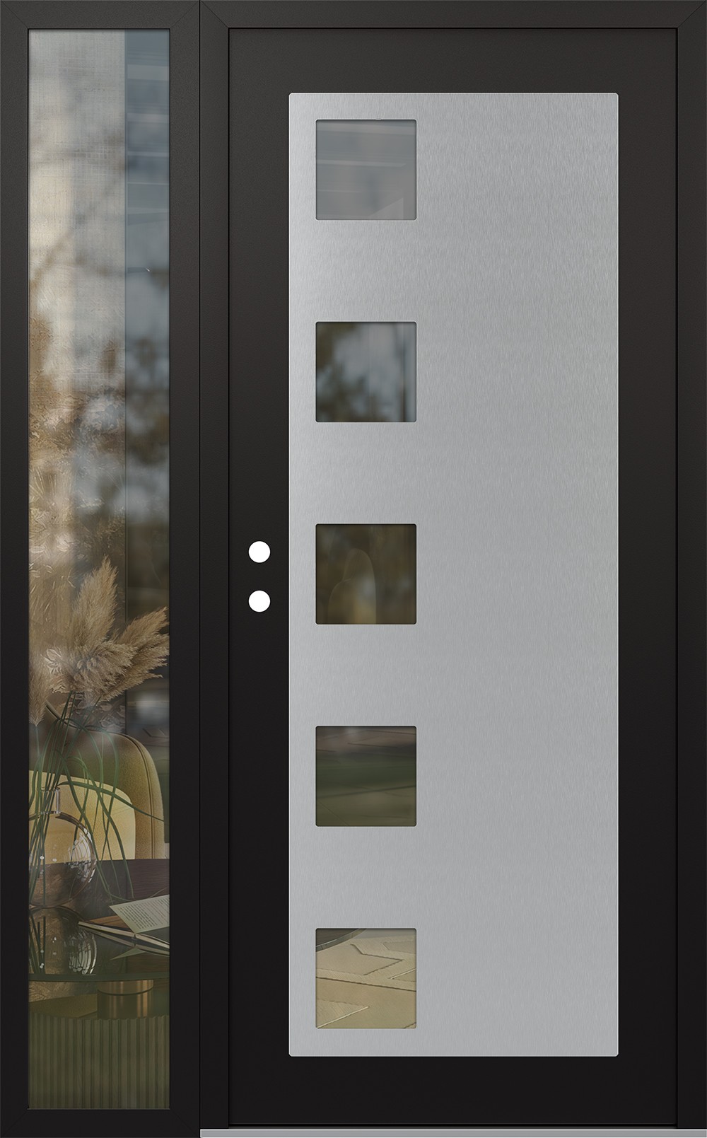 Modern Steel Front Door Diamond C5 52" x 80" black/black clear Glass Panel stainless steel RHI with Sidelite clear Glass