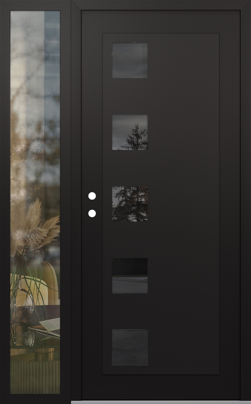 Modern Steel Front Door Diamond C5 52" x 80" black/black mirrored Glass Panel black RHI with Sidelite clear Glass