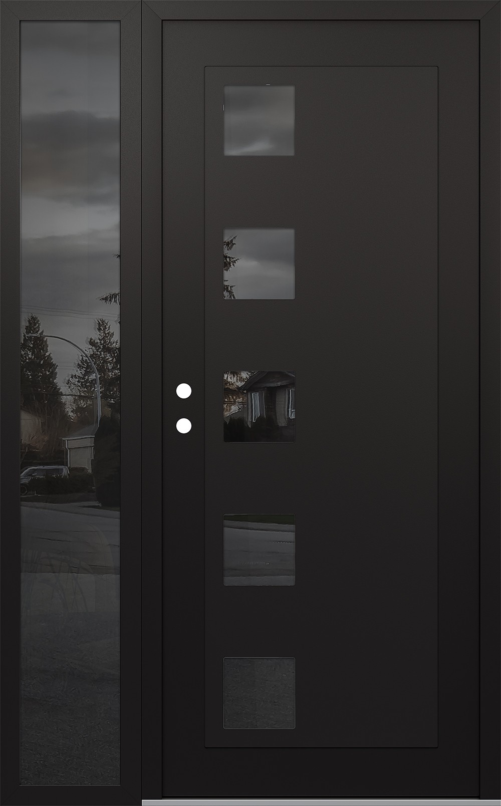 Modern Steel Front Door Diamond C5 52" x 80" black/black mirrored Glass Panel black RHI with Sidelite mirrored Glass