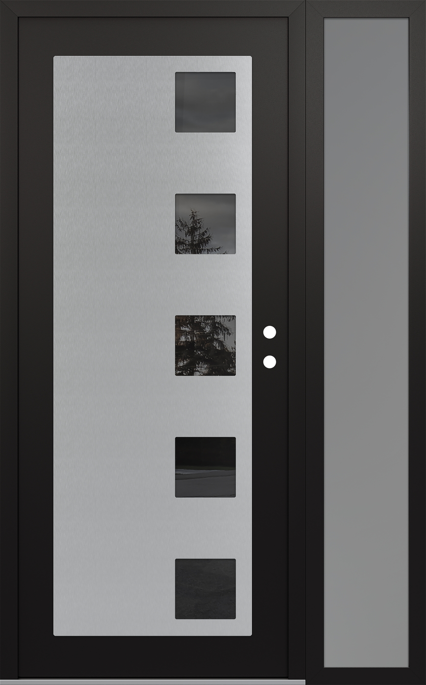 Modern Steel Front Door Diamond C5 52" x 80" black/black mirrored Glass Panel stainless steel LHI with Sidelite frosted Glass