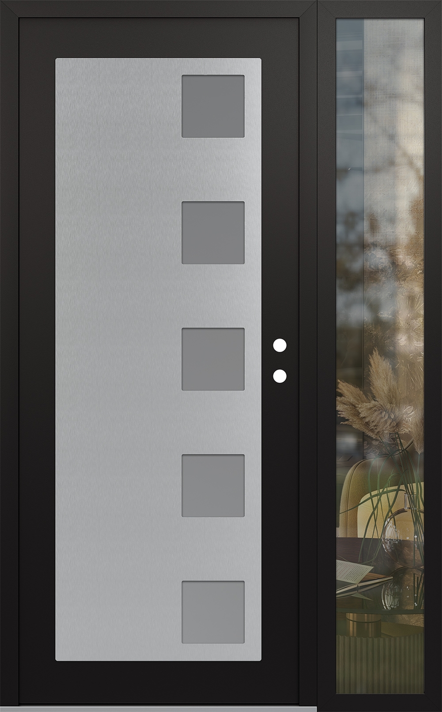 Modern Steel Front Door Diamond C5 52" x 80" black/white frosted Glass Panel stainless steel LHI with Sidelite clear Glass
