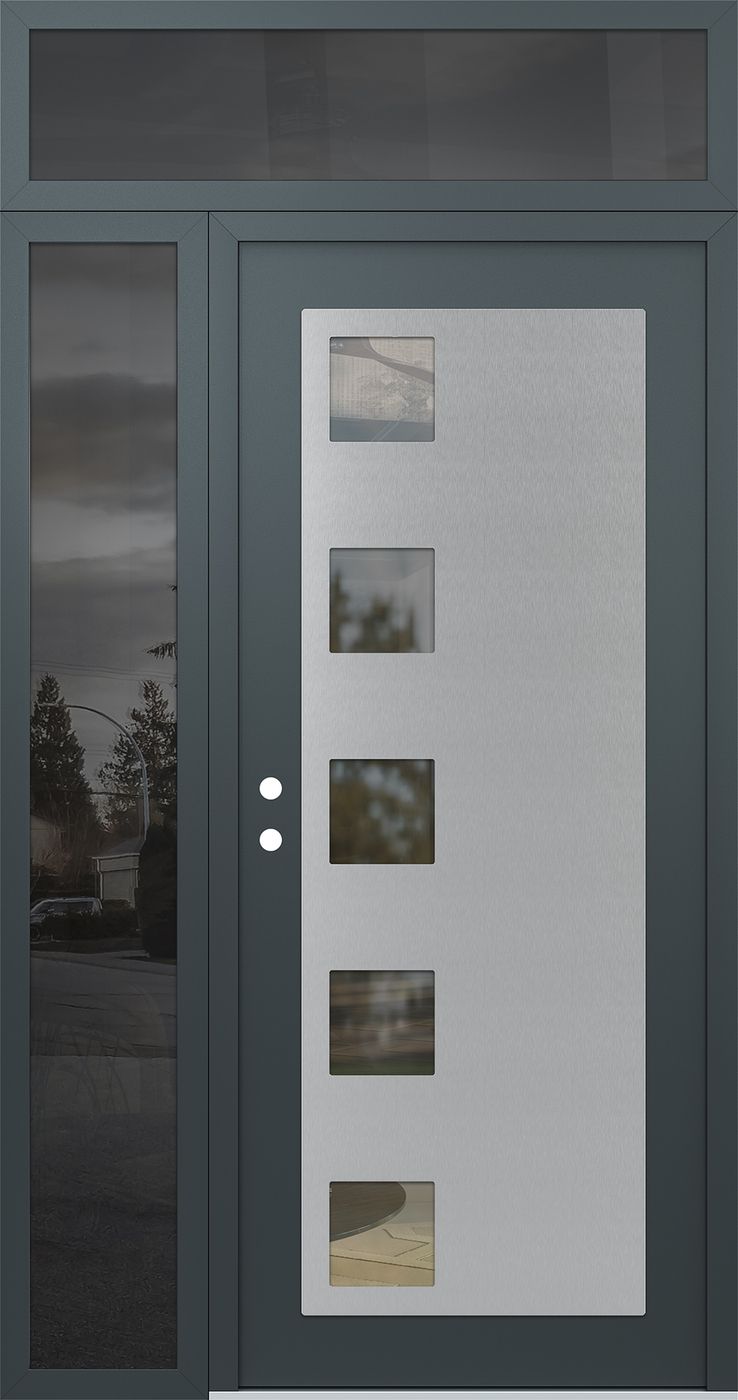 Modern Steel Front Door Diamond C5 52" x 96" anthracite/anthracite clear Glass Panel stainless steel RHI with Sidelite and Transom mirrored Glass