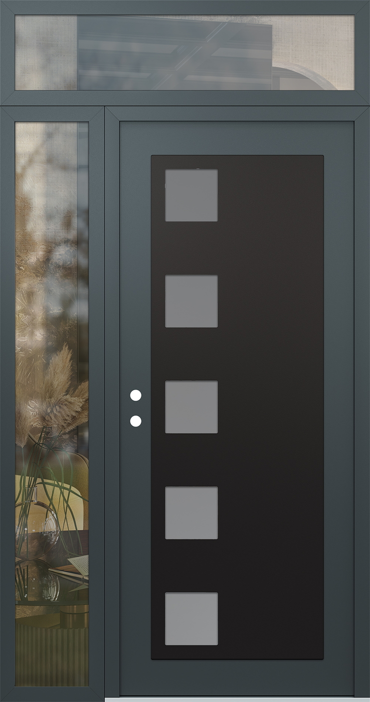 Modern Steel Front Door Diamond C5 52" x 96" anthracite/anthracite frosted Glass Panel black RHI with Sidelite and Transom clear Glass