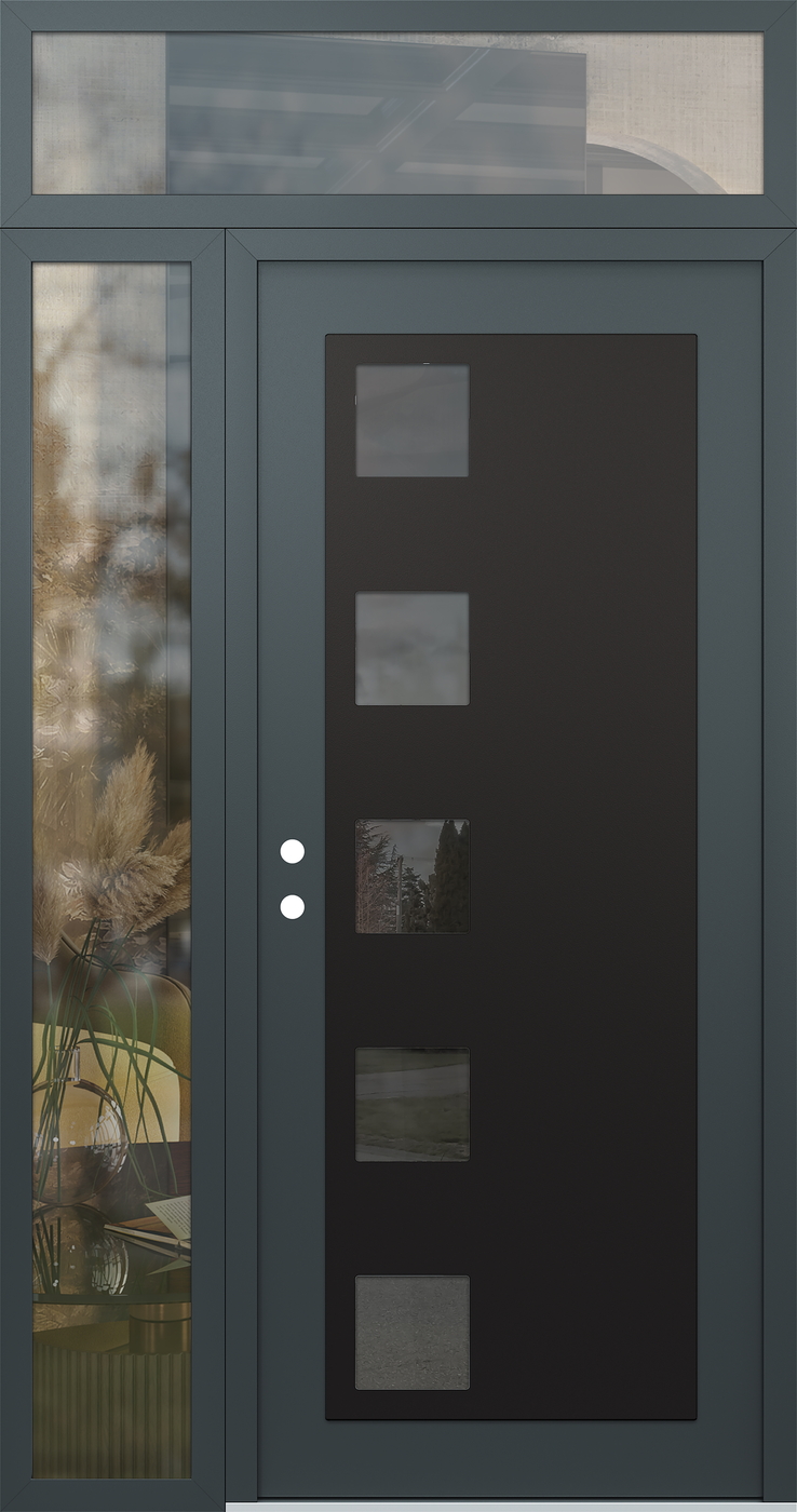 Modern Steel Front Door Diamond C5 52" x 96" anthracite/anthracite mirrored Glass Panel black RHI with Sidelite and Transom clear Glass