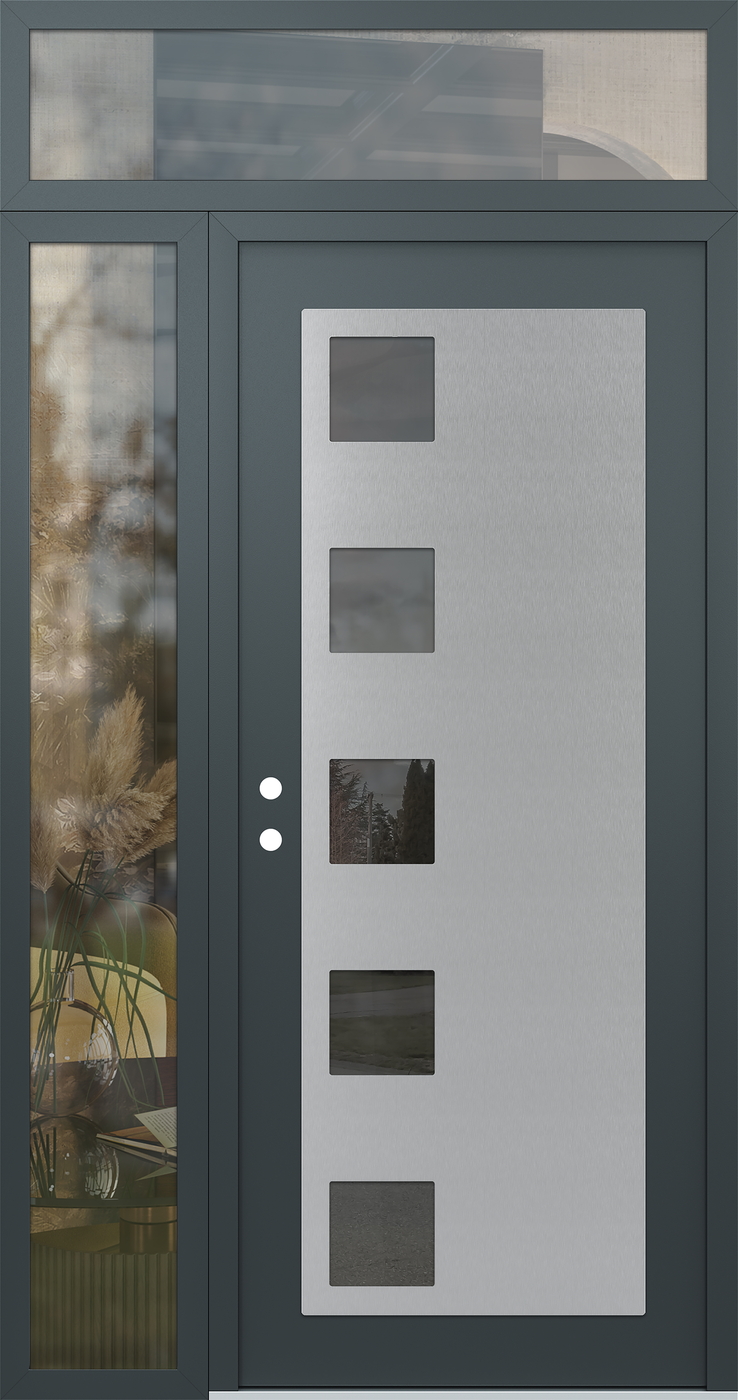 Modern Steel Front Door Diamond C5 52" x 96" anthracite/anthracite mirrored Glass Panel stainless steel RHI with Sidelite and Transom clear Glass