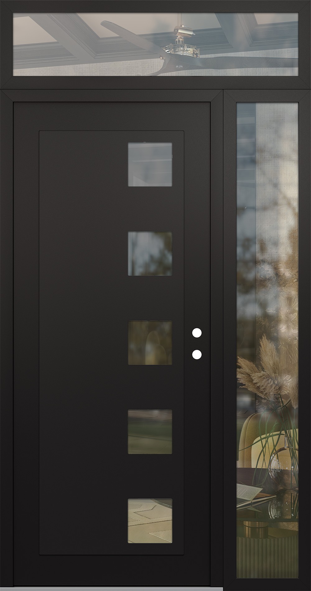 Modern Steel Front Door Diamond C5 52" x 96" black/black clear Glass Panel black LHI with Sidelite and Transom clear Glass