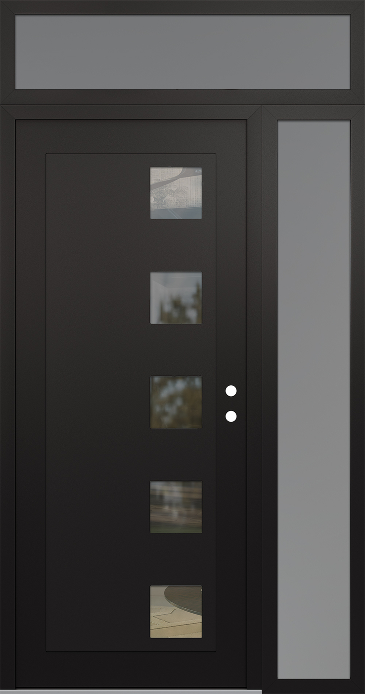 Modern Steel Front Door Diamond C5 52" x 96" black/black clear Glass Panel black LHI with Sidelite and Transom frosted Glass