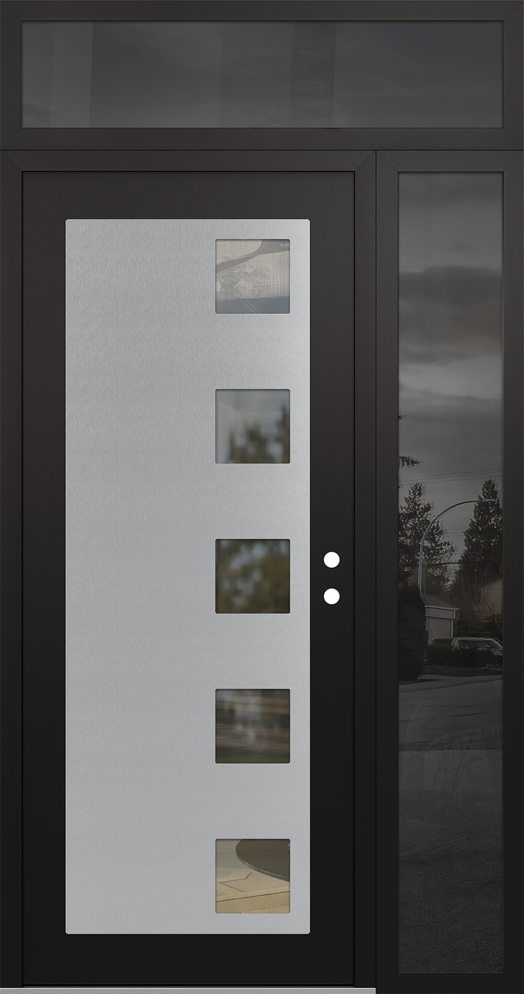 Modern Steel Front Door Diamond C5 52" x 96" black/black clear Glass Panel stainless steel LHI with Sidelite and Transom mirrored Glass