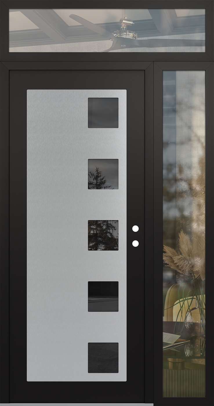 Modern Steel Front Door Diamond C5 52" x 96" black/black mirrored Glass Panel stainless steel LHI with Sidelite and Transom clear Glass