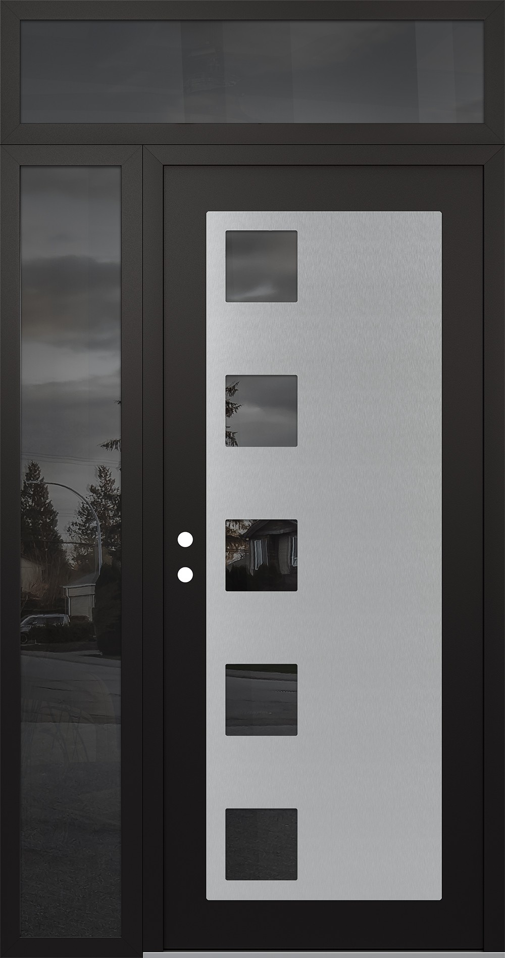 Modern Steel Front Door Diamond C5 52" x 96" black/black mirrored Glass Panel stainless steel RHI with Sidelite and Transom mirrored Glass