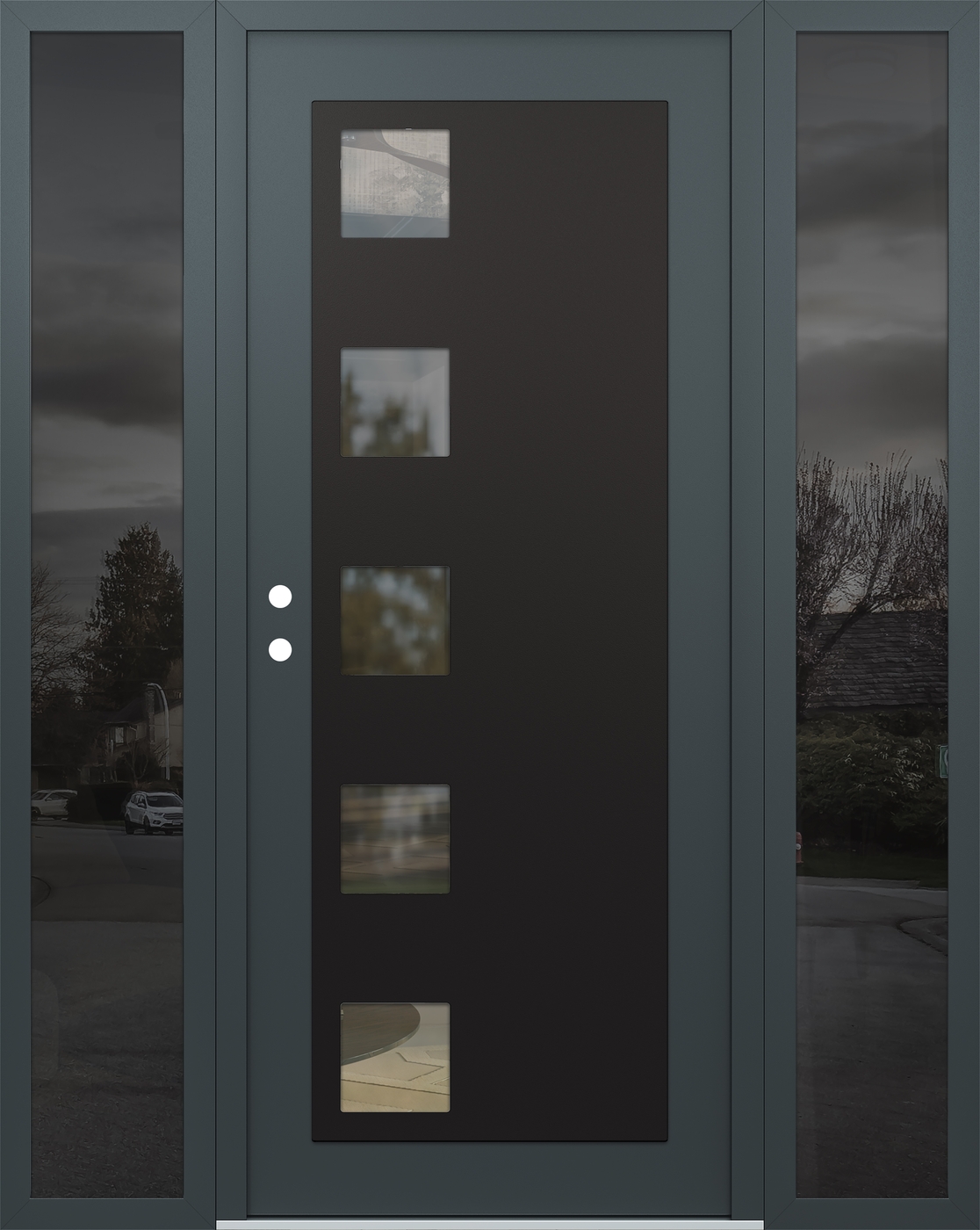 Modern Steel Front Door Diamond C5 60" x 80" anthracite/anthracite clear Glass Panel black RHI with 2 Sidelites mirrored Glass