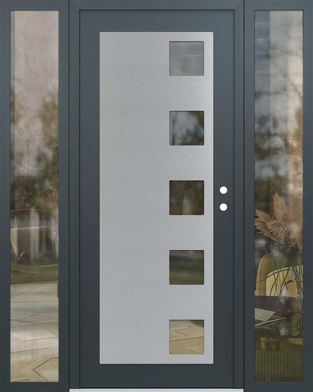 Modern Steel Front Door Diamond C5 60" x 80" anthracite/anthracite clear Glass Panel stainless steel LHI with 2 Sidelites clear Glass