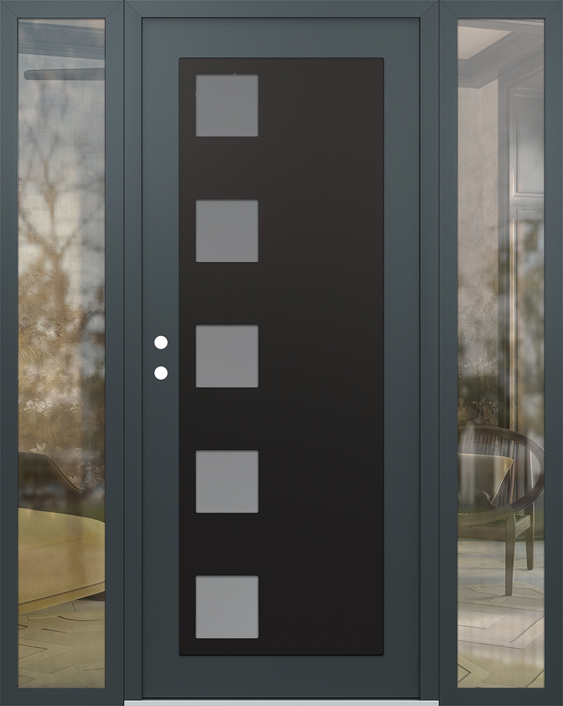 Modern Steel Front Door Diamond C5 60" x 80" anthracite/anthracite frosted Glass Panel black RHI with 2 Sidelites clear Glass