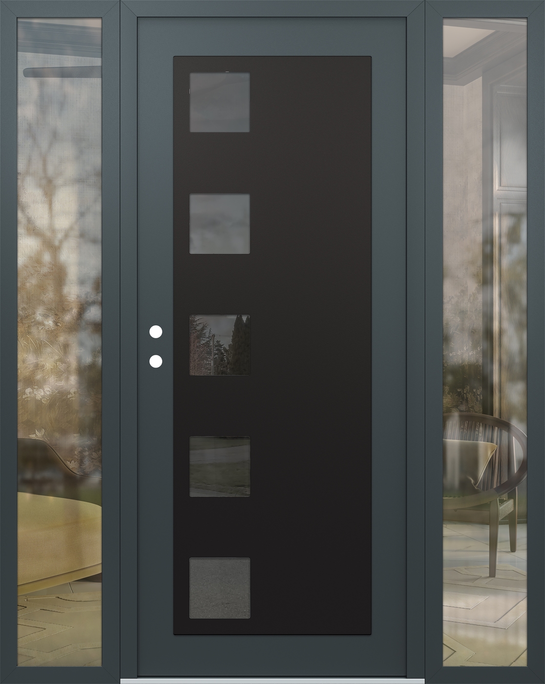 Modern Steel Front Door Diamond C5 60" x 80" anthracite/anthracite mirrored Glass Panel black RHI with 2 Sidelites clear Glass