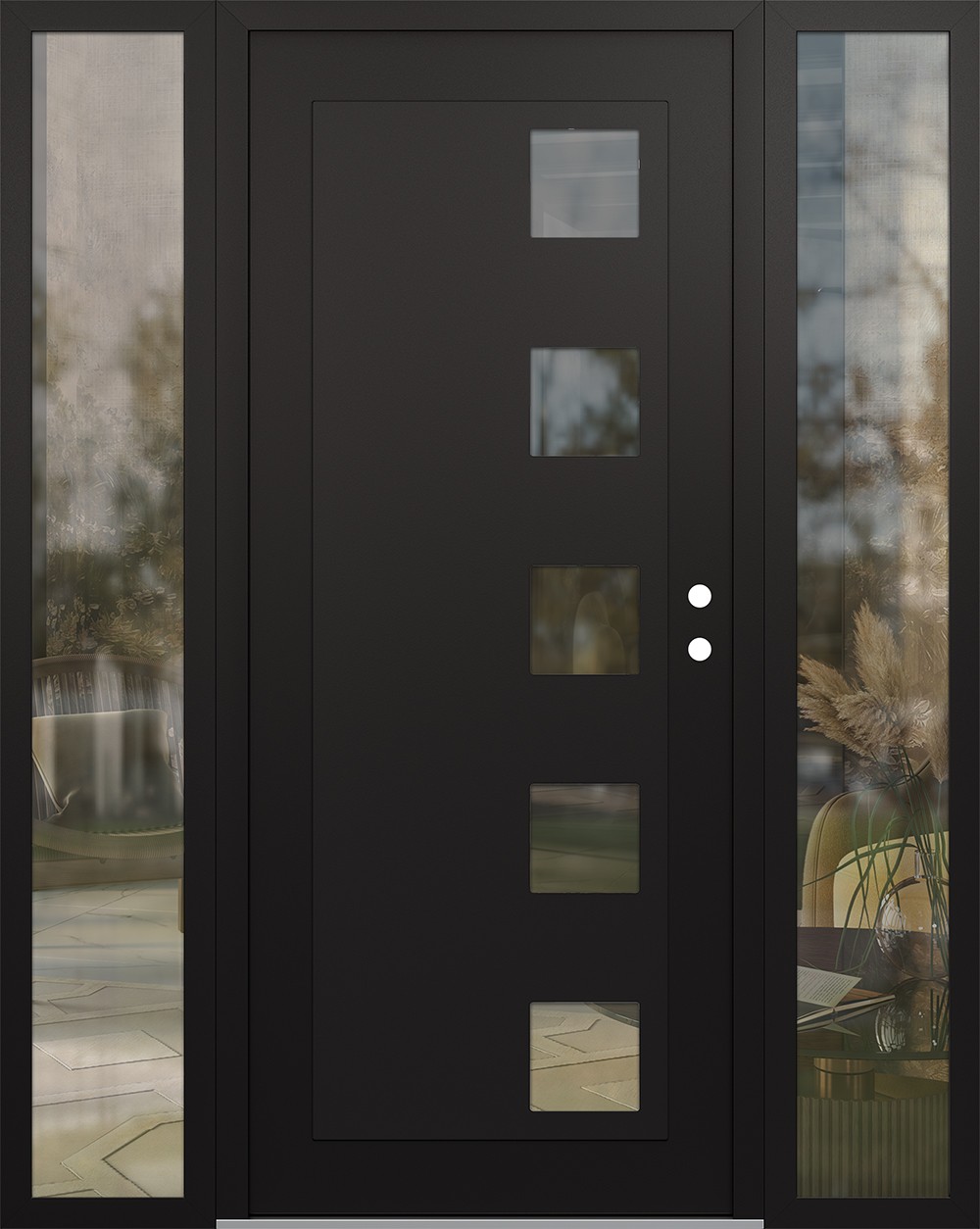 Modern Steel Front Door Diamond C5 60" x 80" black/black clear Glass Panel black LHI with 2 Sidelites clear Glass