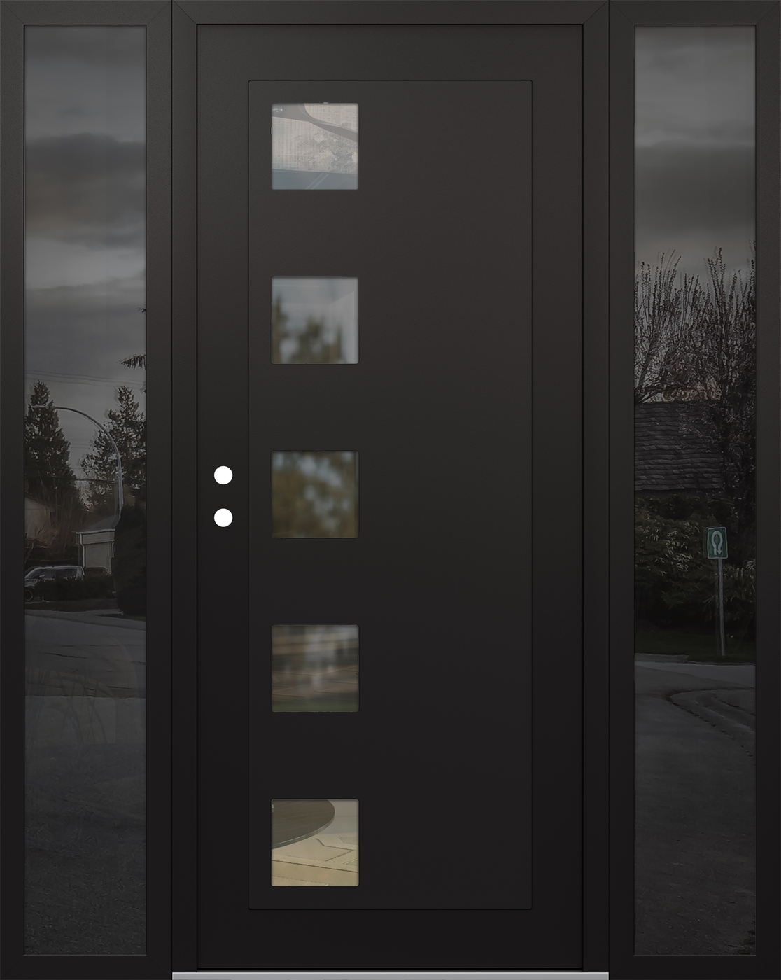 Modern Steel Front Door Diamond C5 60" x 80" black/black clear Glass Panel black RHI with 2 Sidelites mirrored Glass
