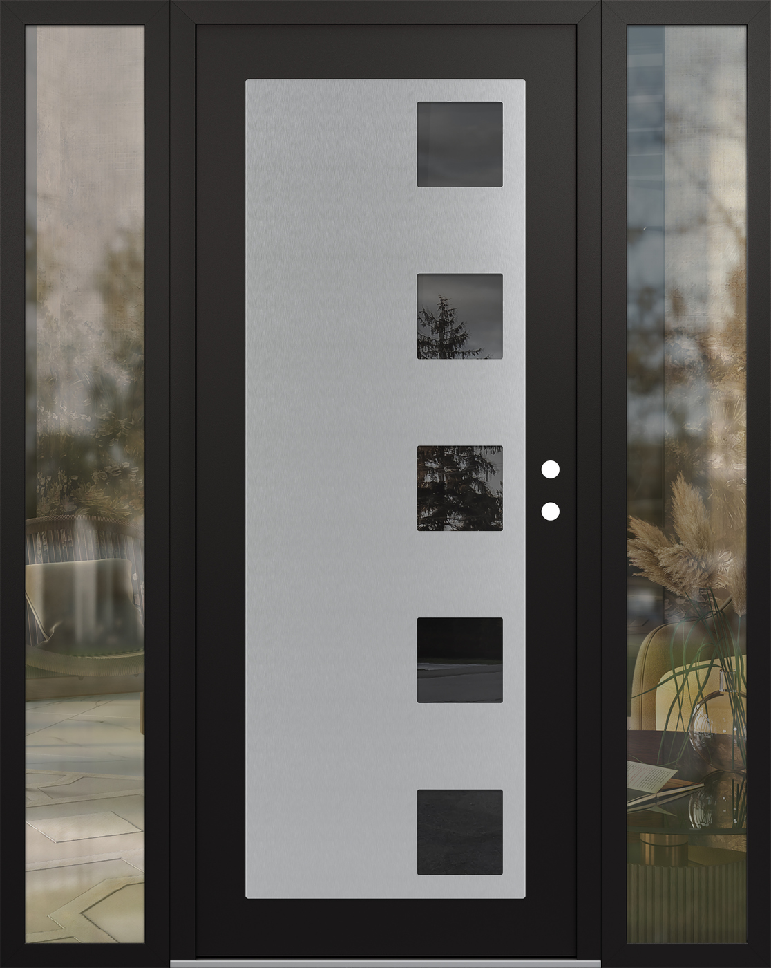 Modern Steel Front Door Diamond C5 60" x 80" black/black mirrored Glass Panel stainless steel LHI with 2 Sidelites clear Glass