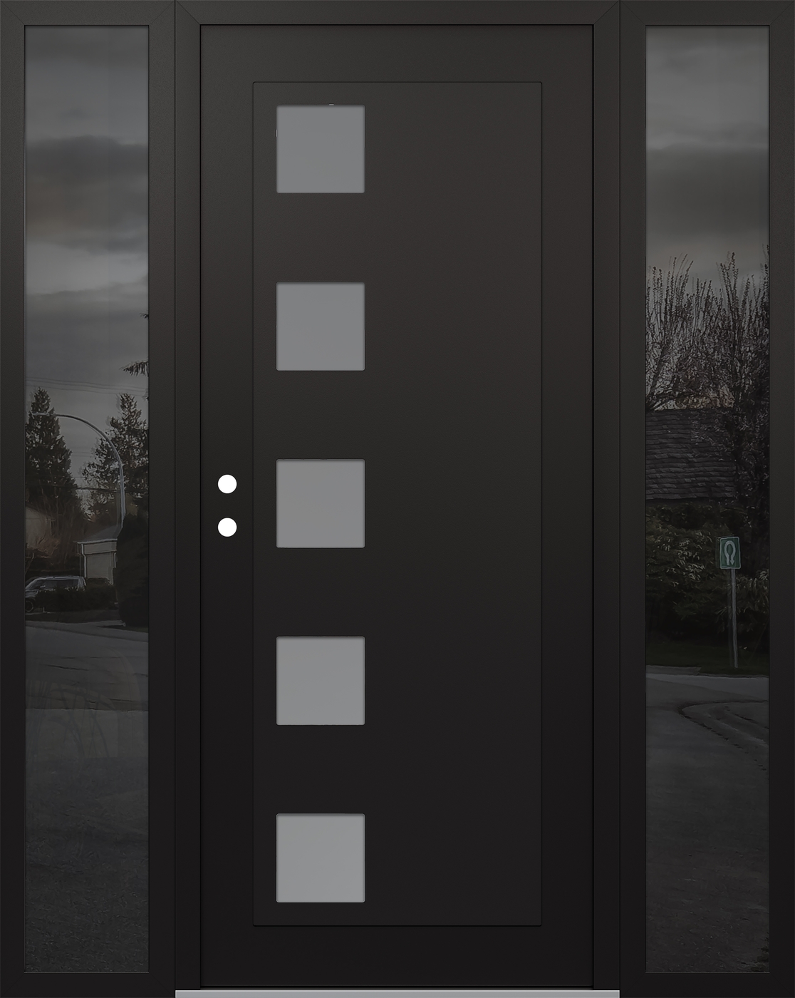 Modern Steel Front Door Diamond C5 60" x 80" black/white frosted Glass Panel black RHI with 2 Sidelites mirrored Glass