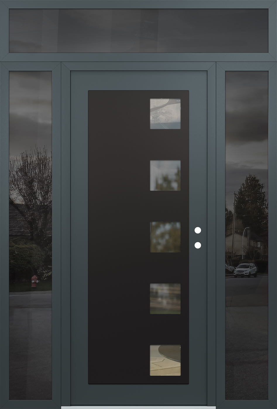 Modern Steel Front Door Diamond C5 60" x 96" anthracite/anthracite clear Glass Panel black LHI with 2 Sidelites and Transom mirrored Glass