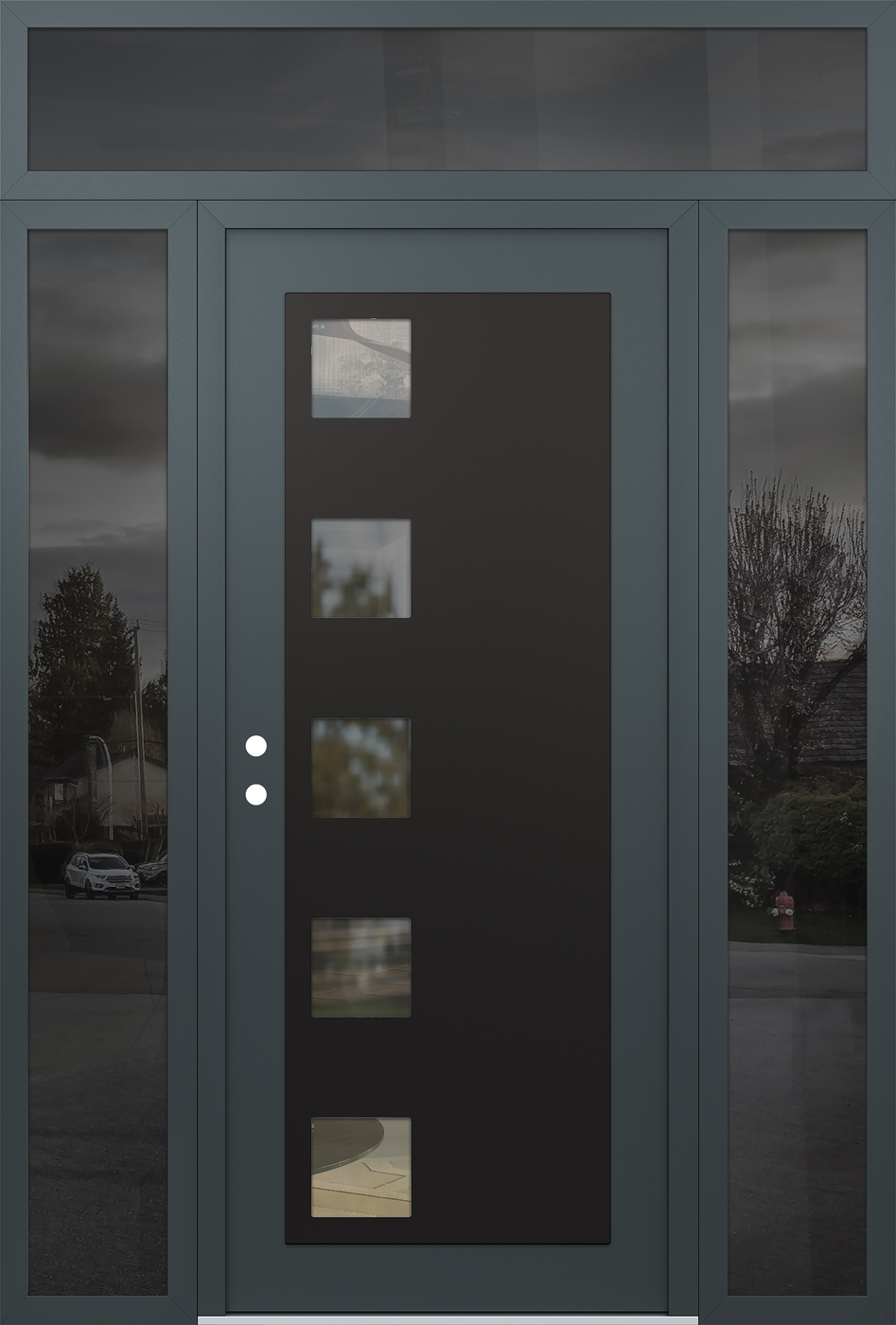 Modern Steel Front Door Diamond C5 60" x 96" anthracite/anthracite clear Glass Panel black RHI with 2 Sidelites and Transom mirrored Glass