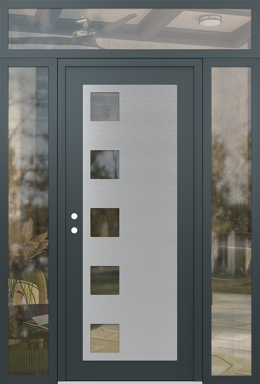 Modern Steel Front Door Diamond C5 60" x 96" anthracite/anthracite clear Glass Panel stainless steel RHI with 2 Sidelites and Transom clear Glass