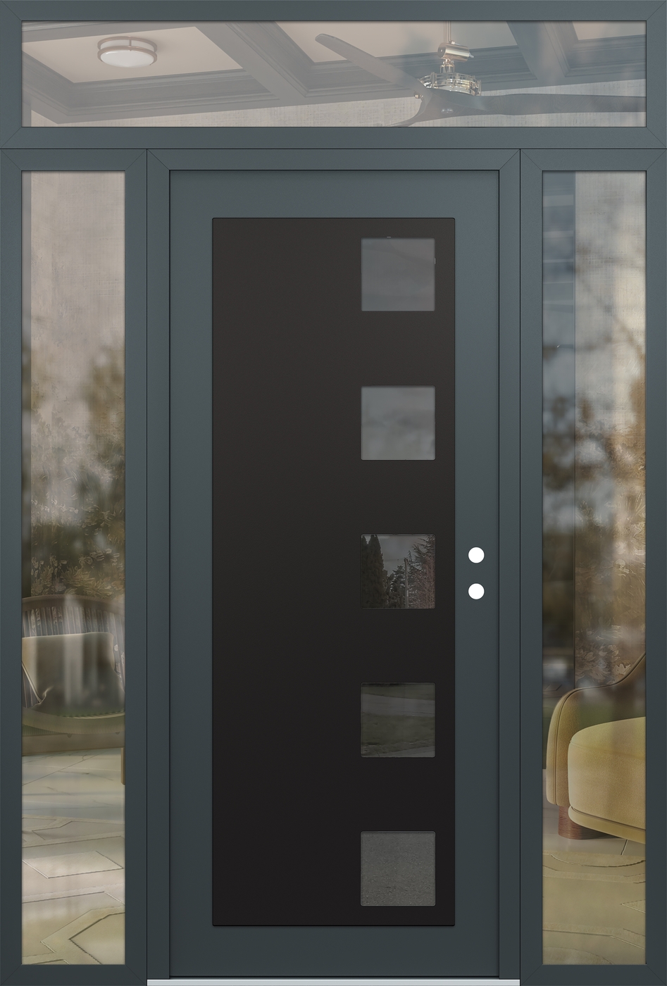 Modern Steel Front Door Diamond C5 60" x 96" anthracite/anthracite mirrored Glass Panel black LHI with 2 Sidelites and Transom clear Glass