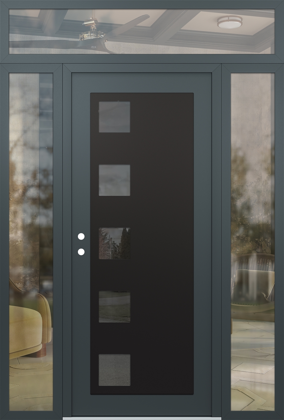 Modern Steel Front Door Diamond C5 60" x 96" anthracite/anthracite mirrored Glass Panel black RHI with 2 Sidelites and Transom clear Glass