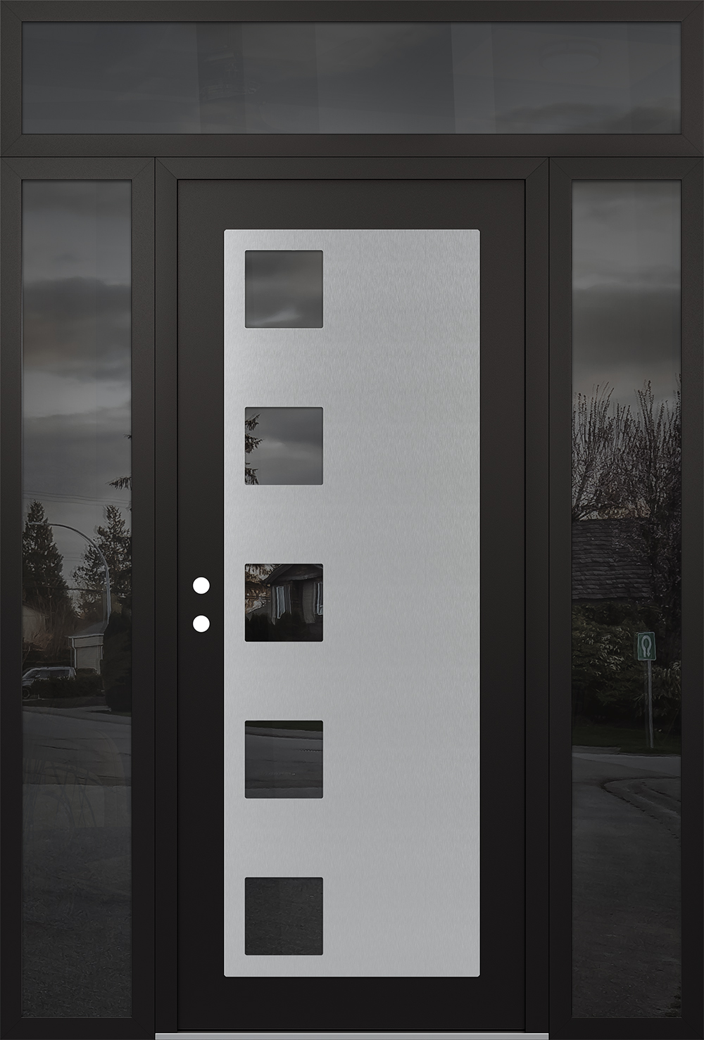 Modern Steel Front Door Diamond C5 60" x 96" black/black mirrored Glass Panel stainless steel RHI with 2 Sidelites and Transom mirrored Glass