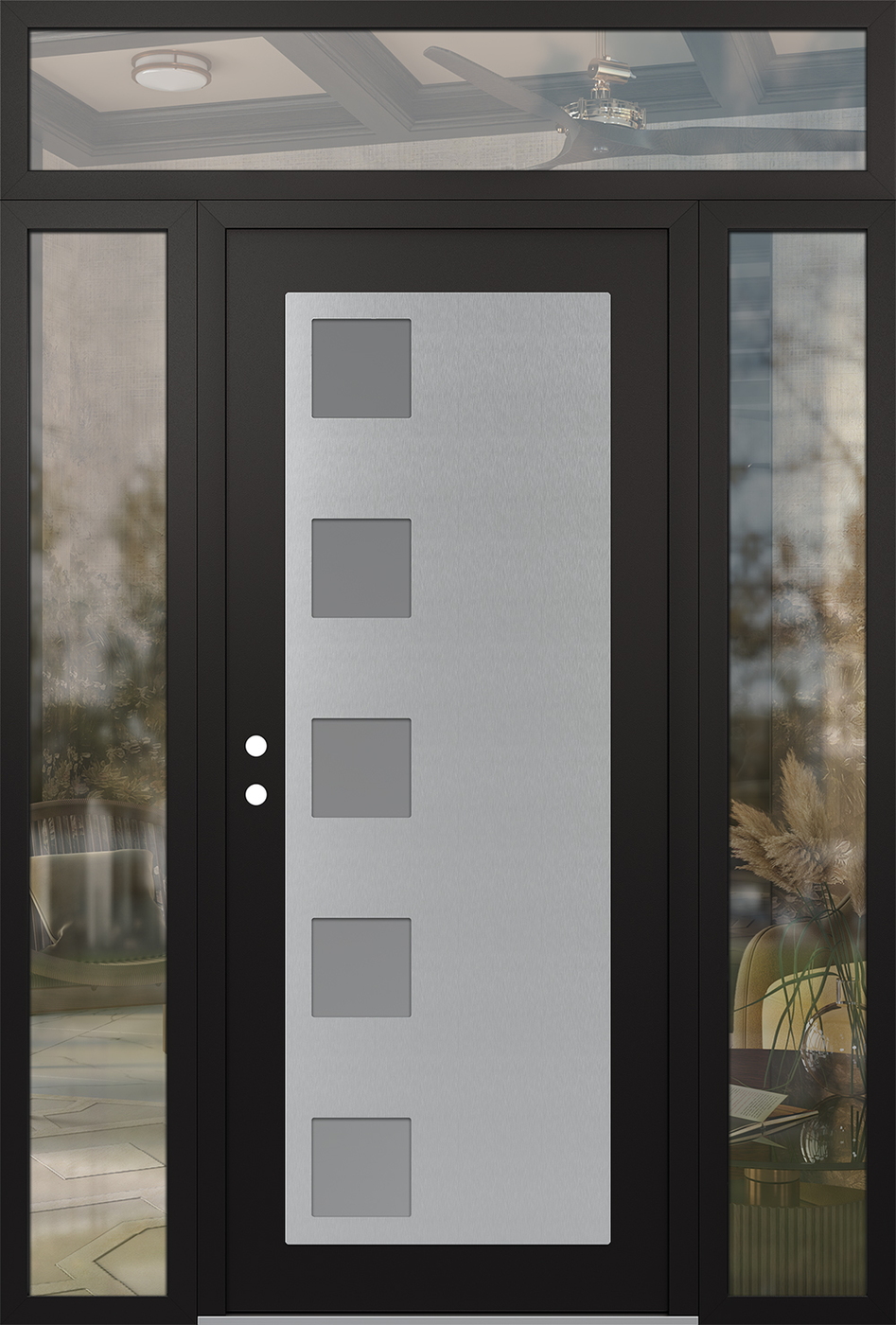 Modern Steel Front Door Diamond C5 60" x 96" black/white frosted Glass Panel stainless steel RHI with 2 Sidelites and Transom clear Glass