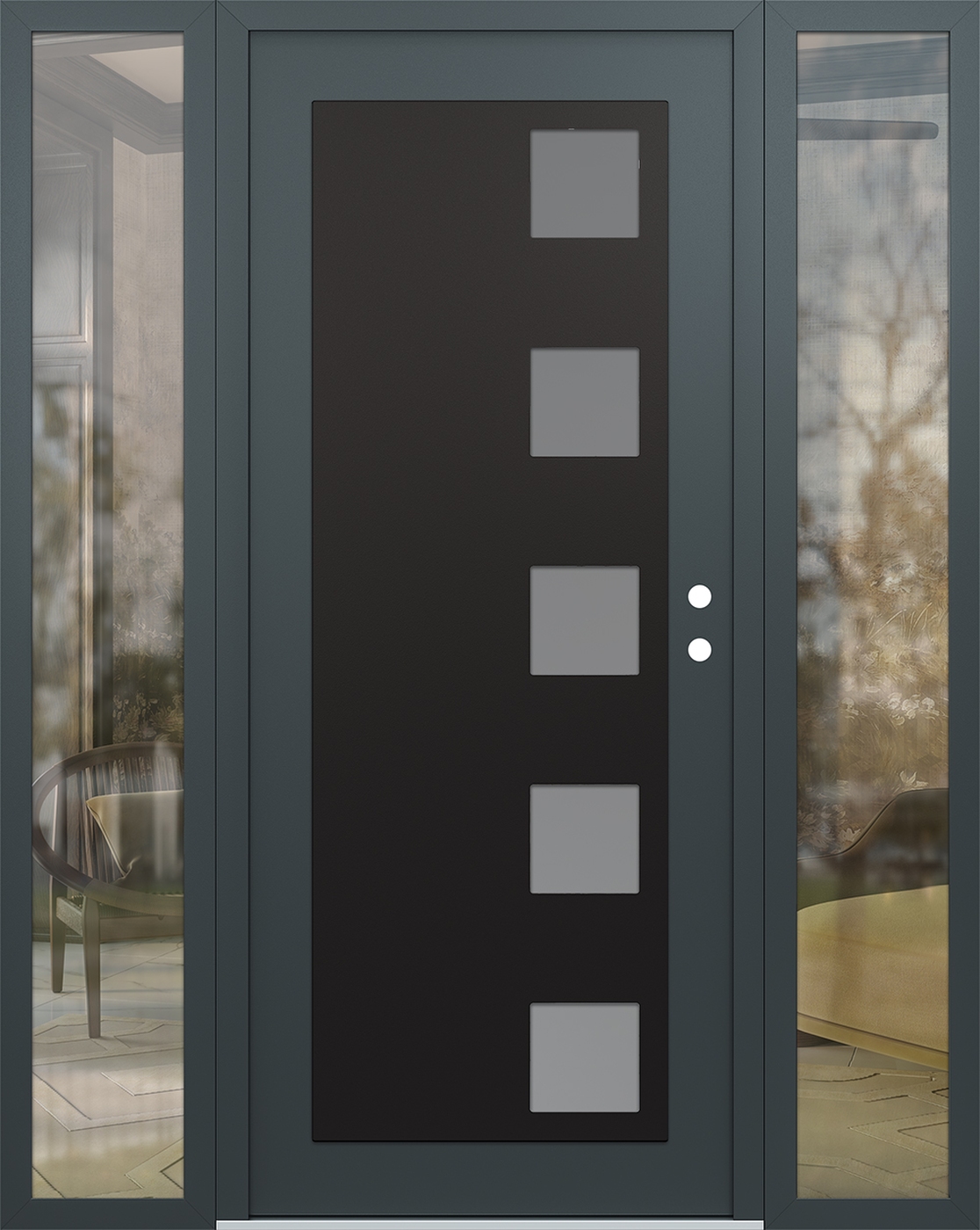 Modern Steel Front Door Diamond C5 64" x 80" anthracite/anthracite frosted Glass Panel black LHI with 2 Sidelites clear Glass