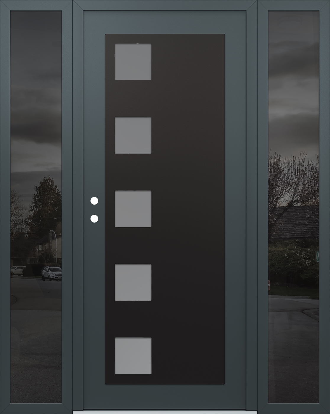 Modern Steel Front Door Diamond C5 64" x 80" anthracite/anthracite frosted Glass Panel black RHI with 2 Sidelites mirrored Glass