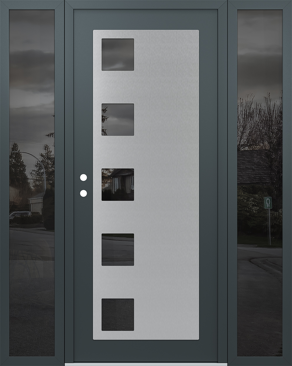 Modern Steel Front Door Diamond C5 64" x 80" anthracite/anthracite mirrored Glass Panel stainless steel RHI with 2 Sidelites mirrored Glass