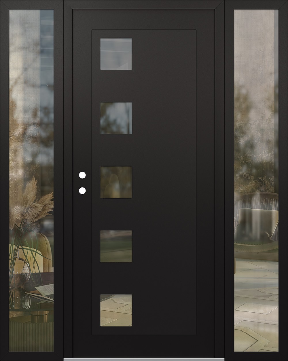 Modern Steel Front Door Diamond C5 64" x 80" black/black clear Glass Panel black RHI with 2 Sidelites clear Glass