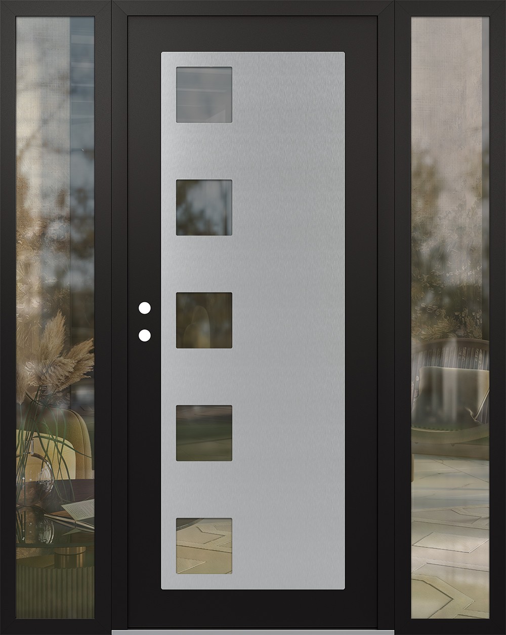 Modern Steel Front Door Diamond C5 64" x 80" black/black clear Glass Panel stainless steel RHI with 2 Sidelites clear Glass
