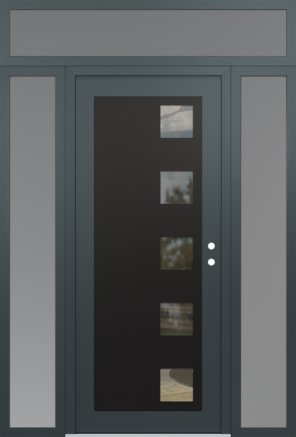 Modern Steel Front Door Diamond C5 64" x 96" anthracite/anthracite clear Glass Panel black LHI with 2 Sidelites and Transom frosted Glass