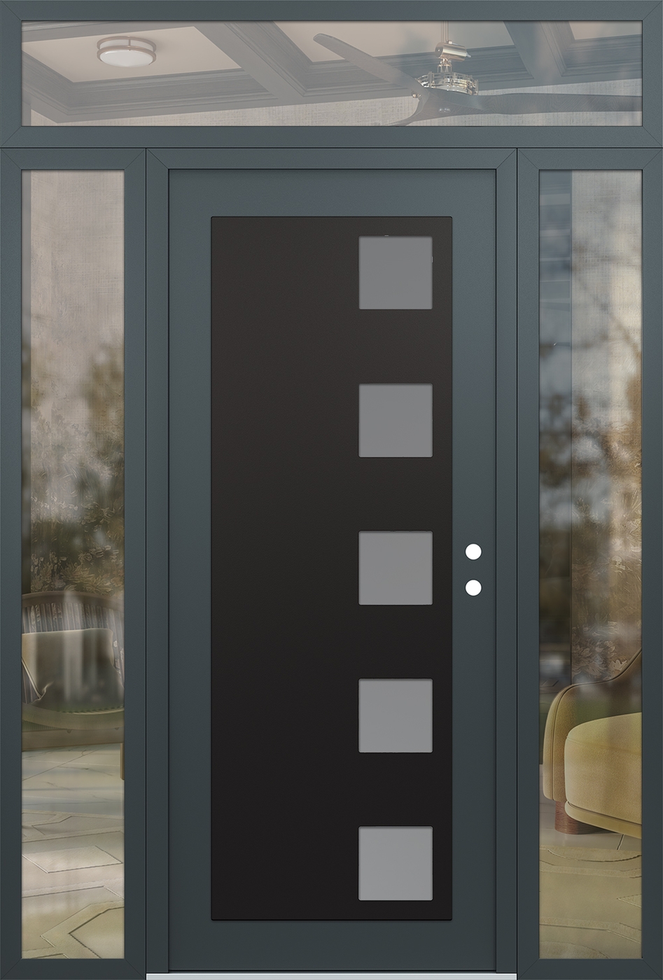 Modern Steel Front Door Diamond C5 64" x 96" anthracite/anthracite frosted Glass Panel black LHI with 2 Sidelites and Transom clear Glass